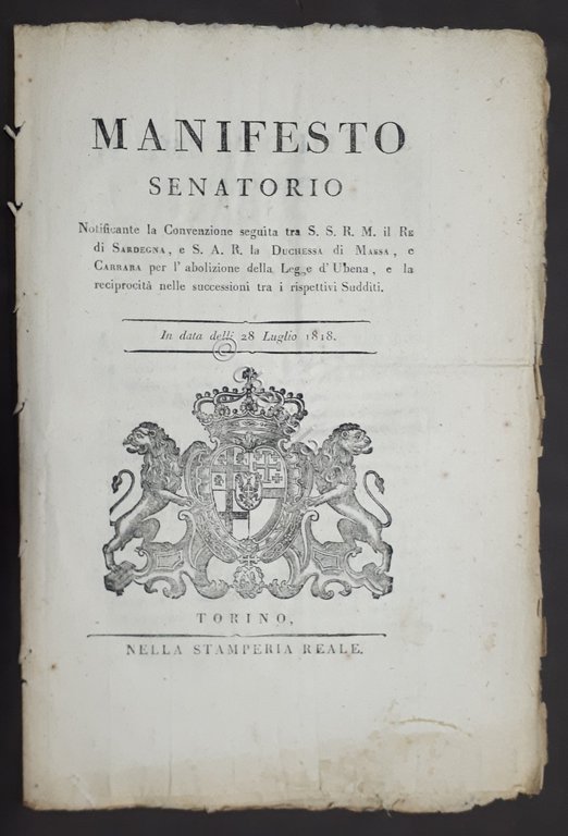 Manifesto Senatorio Convenzione tra il Re Sardegna e Duchessa Massa …