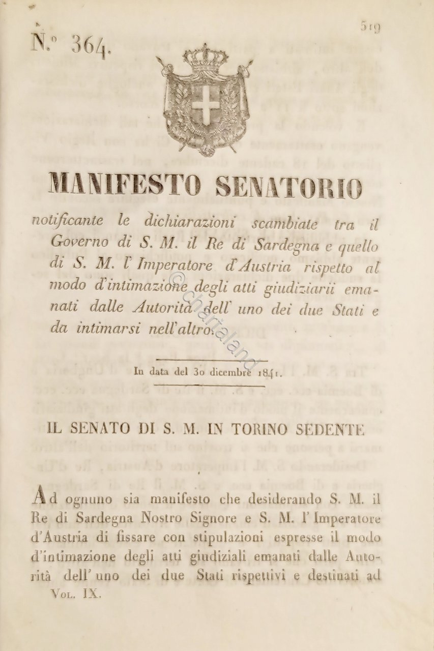 Manifesto Senatorio S. M. in Torino - Dichiarazione tra Sardegna …