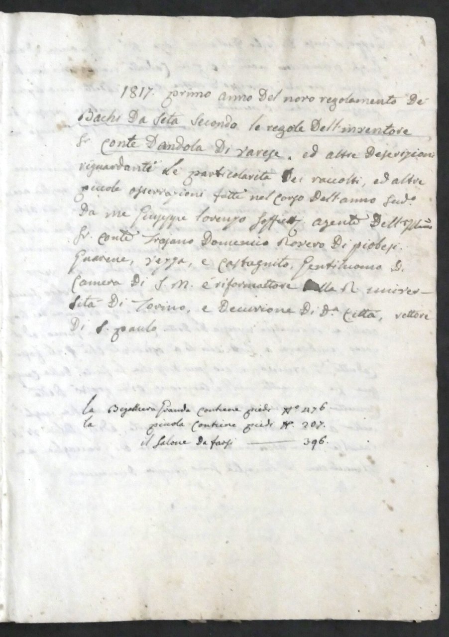 Manoscritto sui Bachi da Seta secondo le regole del Conte …