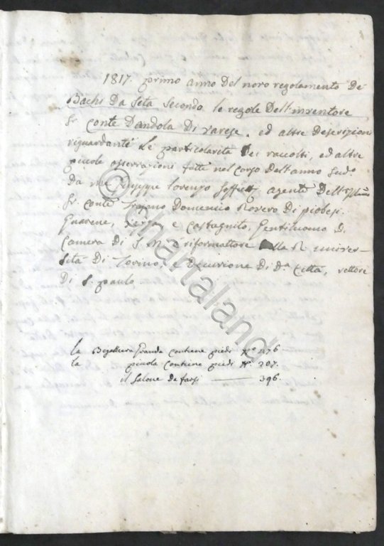 Manoscritto sui Bachi da Seta secondo le regole del Conte …