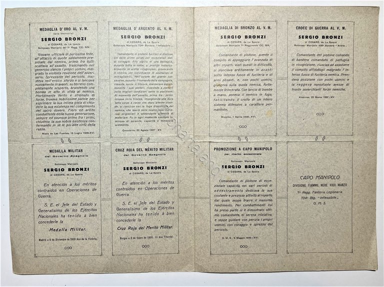 Medaglia d'Oro - Sergio Bronzi - 1912 - 1938