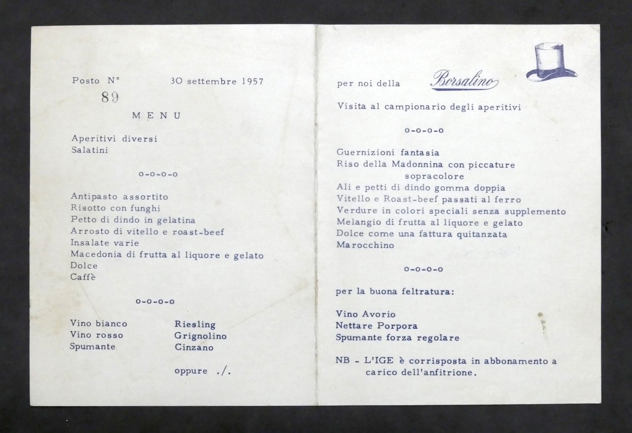 Menu - Azienda Borsalino (cappelli) - Posto numerato - 30 …