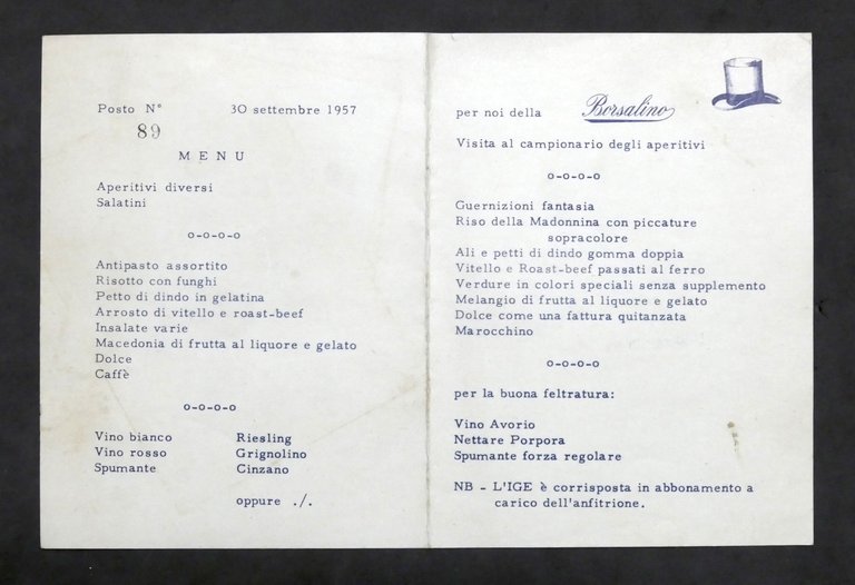 Menu - Azienda Borsalino (cappelli) - Posto numerato - 30 settembre 1957