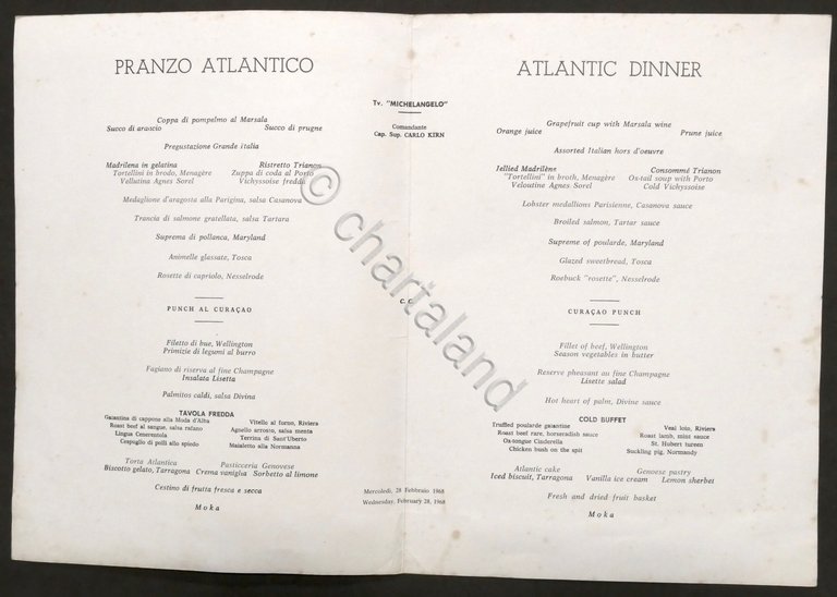 Menù Crociera - Transatlantico Michelangelo - Pranzo Atlantico - 4 …