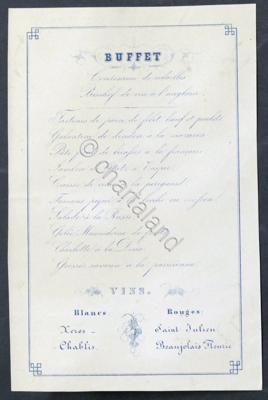 Menù d'epoca in lingua francese - 1900 ca.