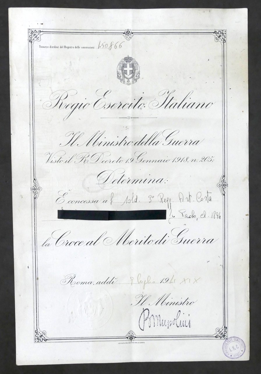 Militaria - Certificato concessione Croce al Merito di Guerra - … | Immagine principale