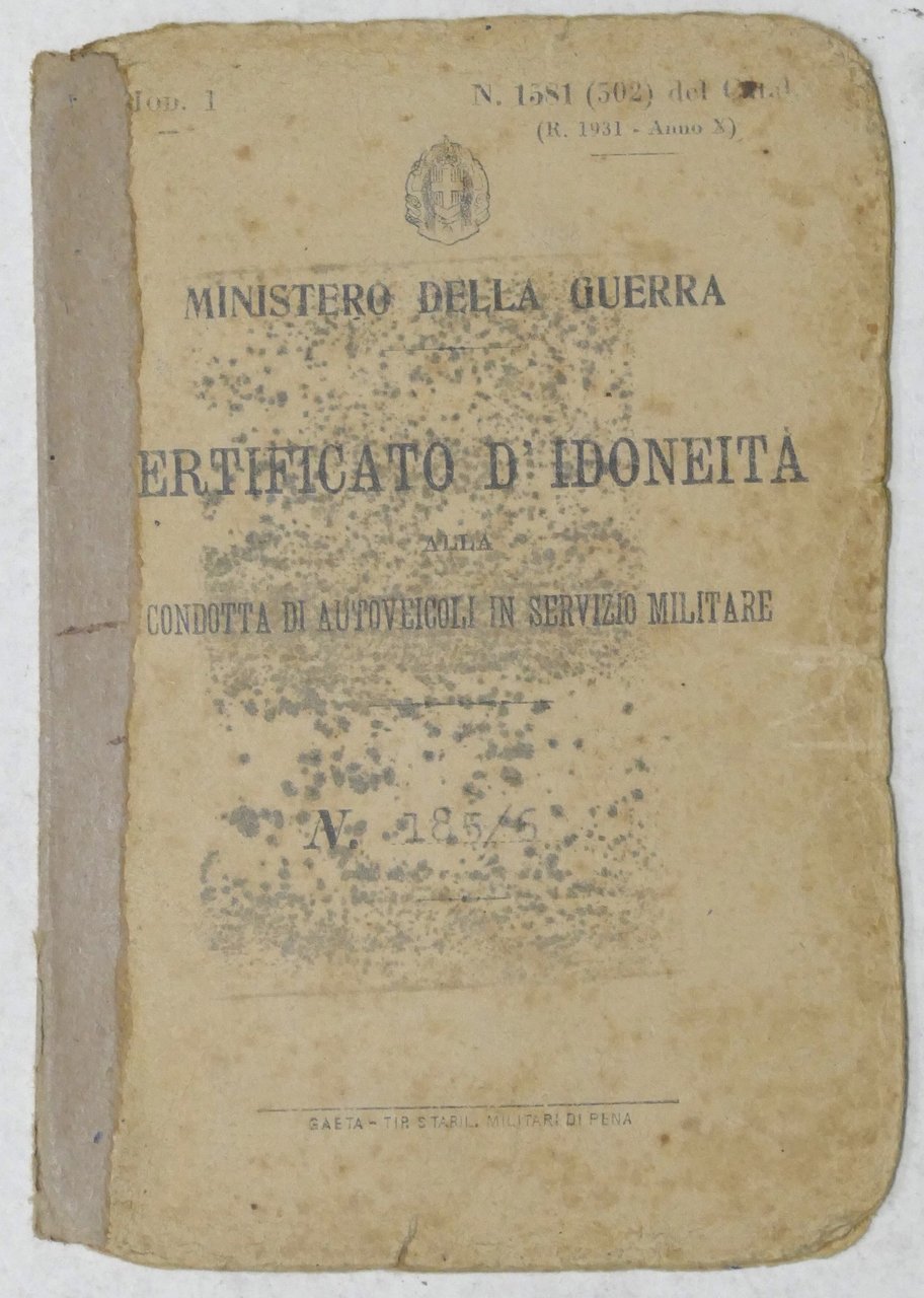 Militaria - Certificato Idoneità Condotta Autoveicoli in Servizio Militare 1934 | Immagine principale