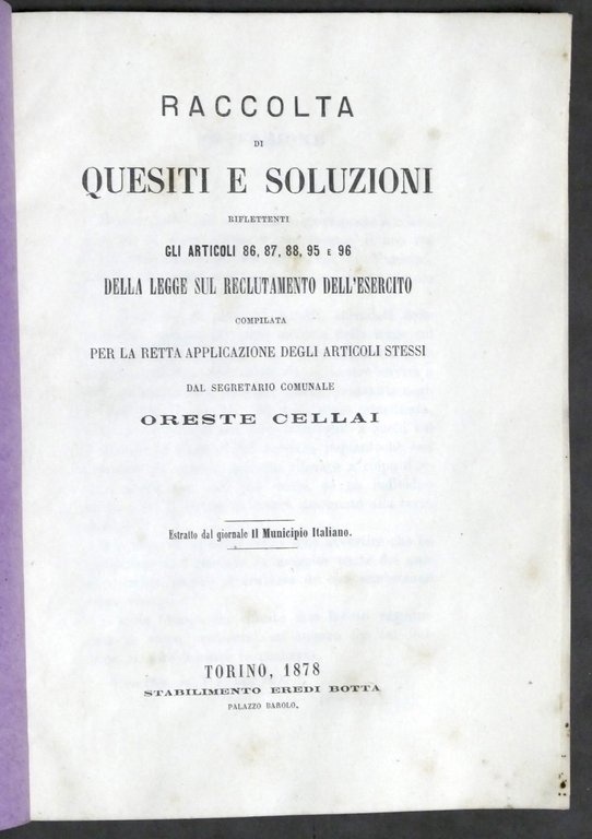 Militaria Cellai - Raccolta quesiti e soluzioni Legge Reclutamento Esercito …