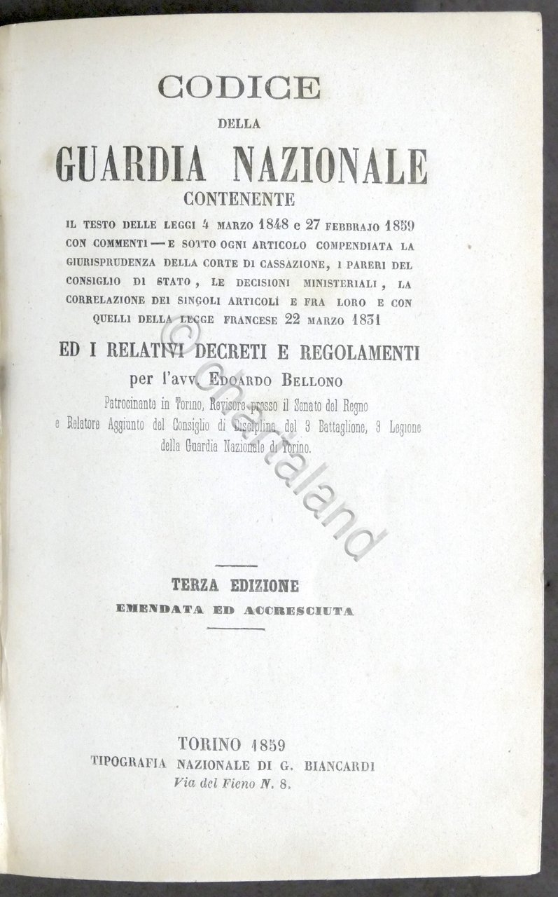 Militaria Risorgimento - E. Bellono - Codice della Guardia Nazionale … | Immagine principale