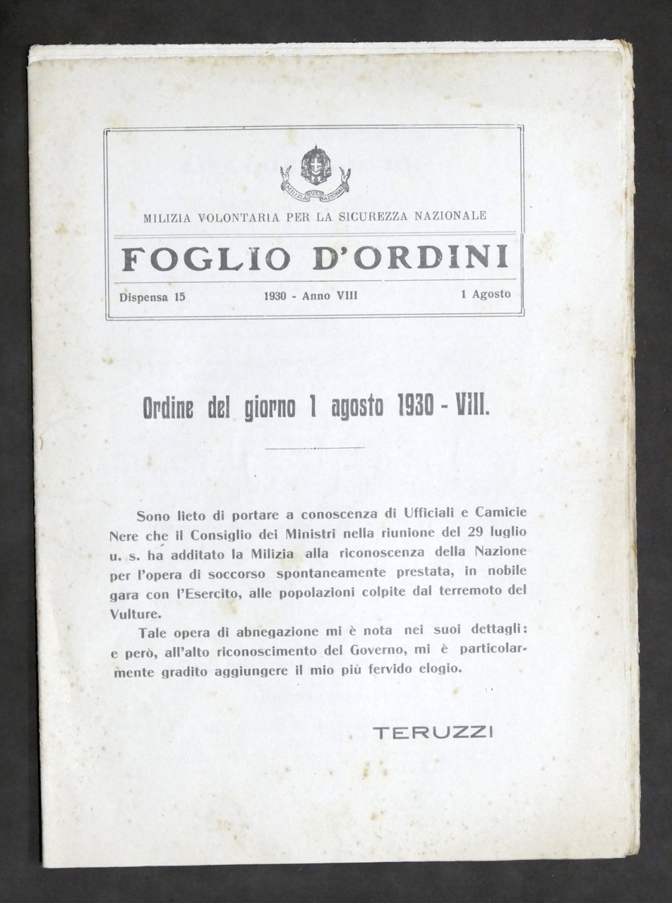 Milizia Volontaria Sicurezza Nazionale - Foglio d'Ordini - 1 agosto …