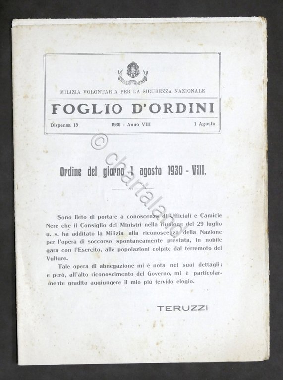 Milizia Volontaria Sicurezza Nazionale - Foglio d'Ordini - 1 agosto …