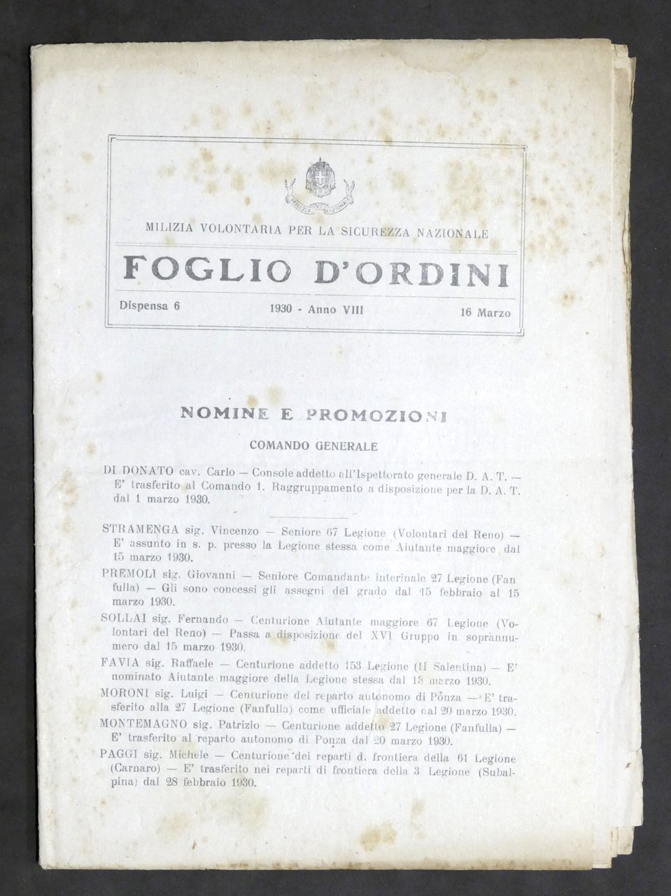 Milizia Volontaria Sicurezza Nazionale - Foglio d'Ordini - 16 marzo …