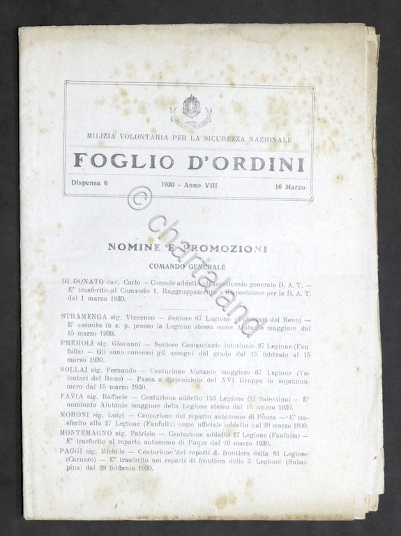 Milizia Volontaria Sicurezza Nazionale - Foglio d'Ordini - 16 marzo …