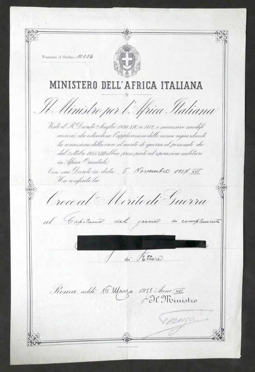 Ministero Africa Italiana Certificato conferimento Croce Merito di Guerra 1938
