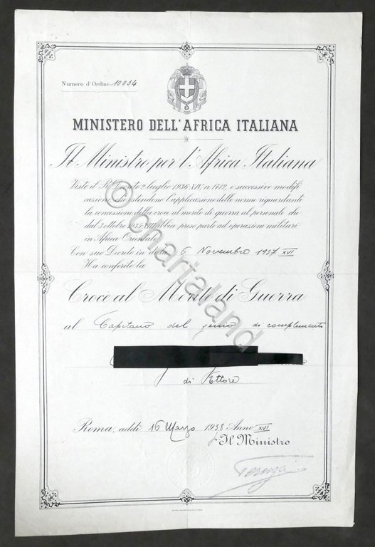 Ministero Africa Italiana Certificato conferimento Croce Merito di Guerra 1938