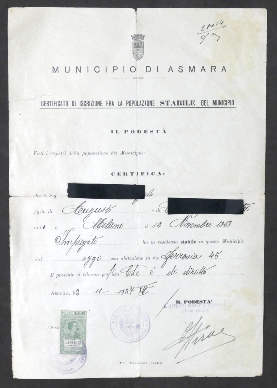 Municipio di Asmara Eritrea Certificato iscrizione fra popolazione stabile 1937
