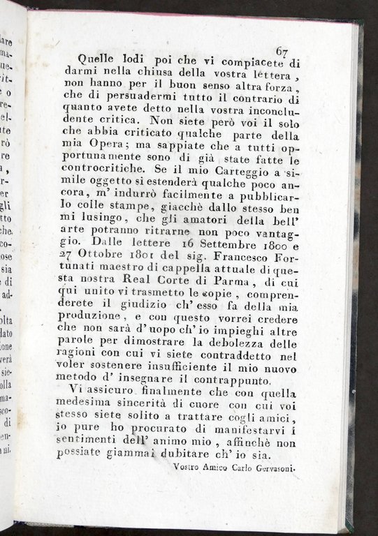 Musica - Carteggio musicale di Carlo Gervasoni - 1804 - …