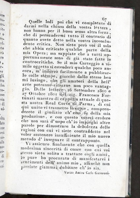 Musica - Carteggio musicale di Carlo Gervasoni - 1804 - …