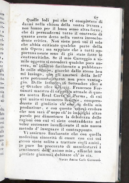 Musica - Carteggio musicale di Carlo Gervasoni - 1804 - …