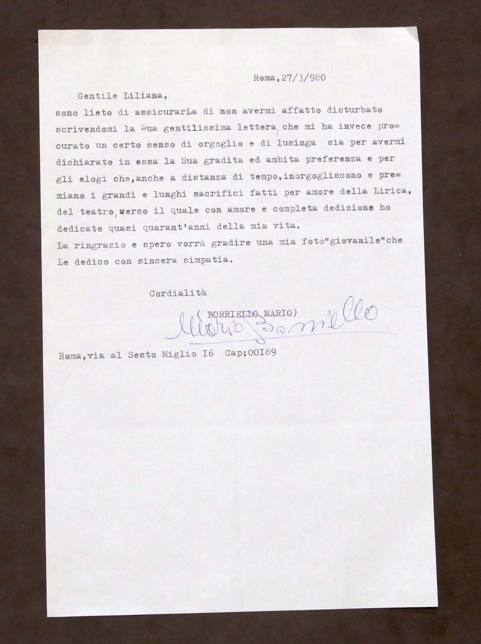 Musica Lirica - Lettera con autografo del baritono Mario Borriello …