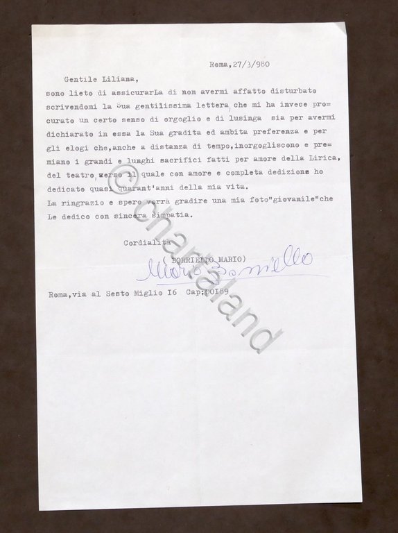 Musica Lirica - Lettera con autografo del baritono Mario Borriello …