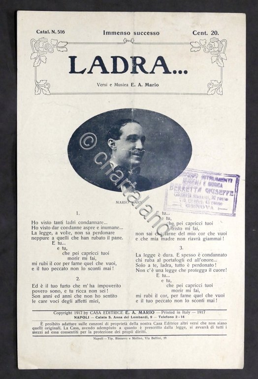 Musica Spartito - E.A. Mario - Ladra... - ed. 1917