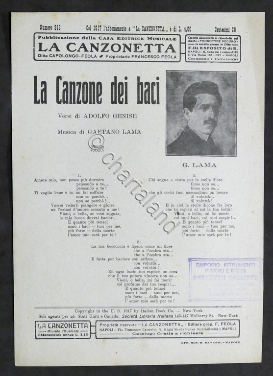 Musica Spartito - G. Lama - La canzone dei baci …