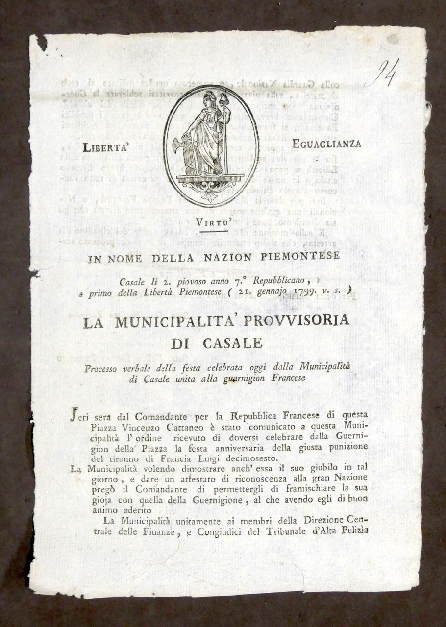 Nazione Piemontese Verbale festa Municipalità Casale - Guarnigione Francese 1799