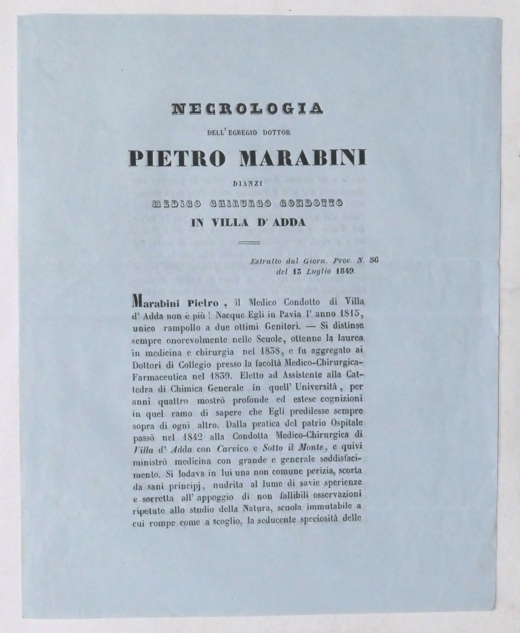 Necrologia per Pietro Marabini medico chirurgo in Villa d'Adda (Bergamo) …