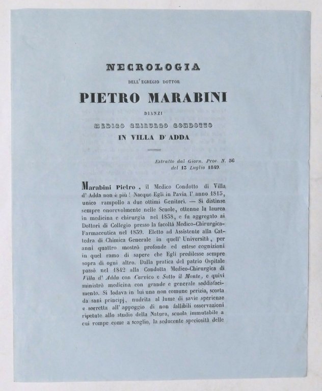 Necrologia per Pietro Marabini medico chirurgo in Villa d'Adda (Bergamo) - 1849