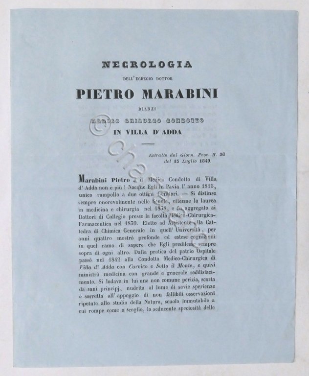 Necrologia per Pietro Marabini medico chirurgo in Villa d'Adda (Bergamo) …
