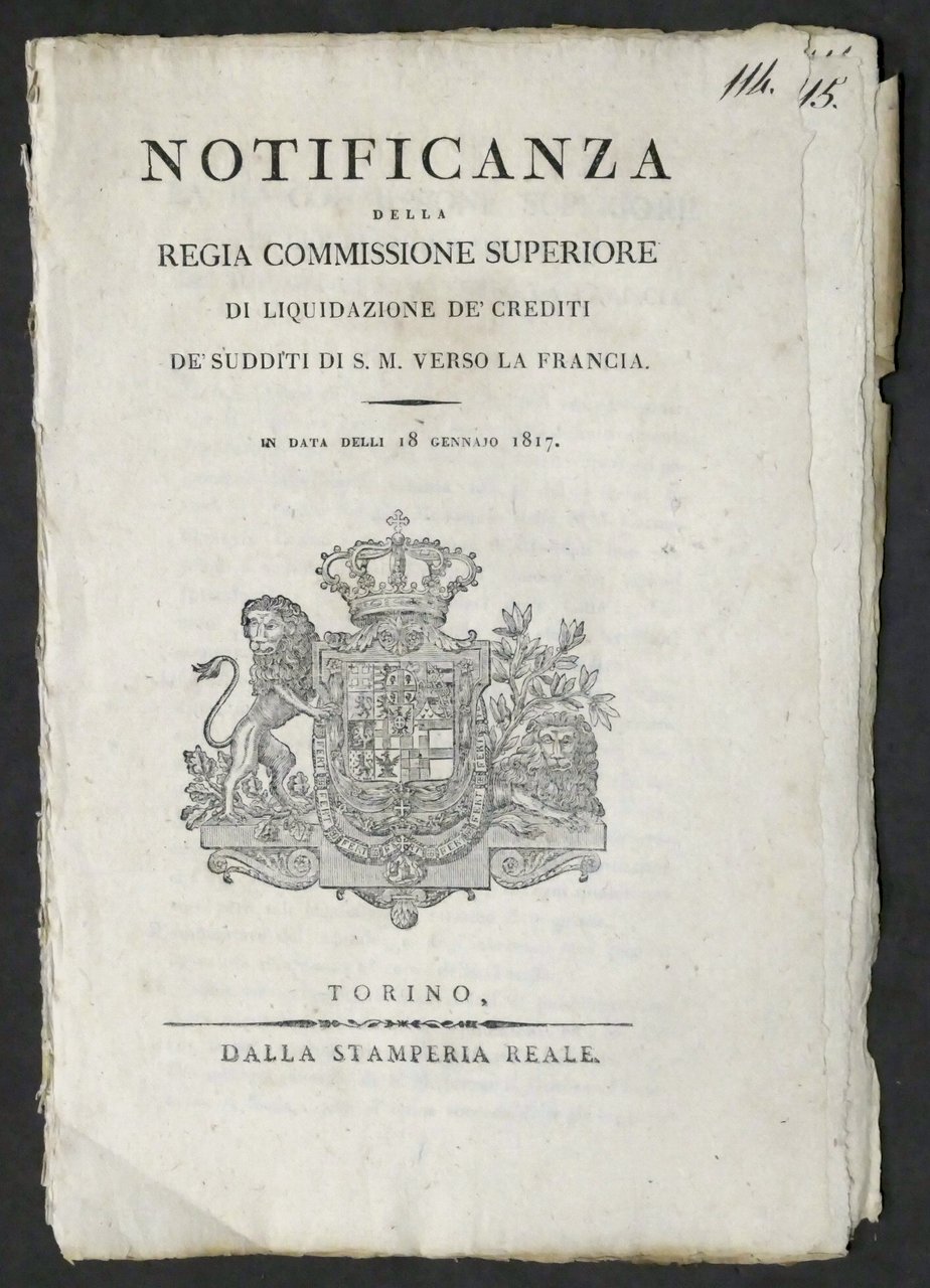 Notificanza Commissione Liquidazione crediti sudditi S.M. verso Francia - 1817