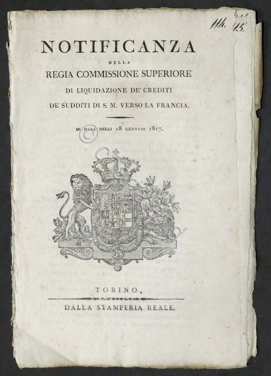 Notificanza Commissione Liquidazione crediti sudditi S.M. verso Francia - 1817