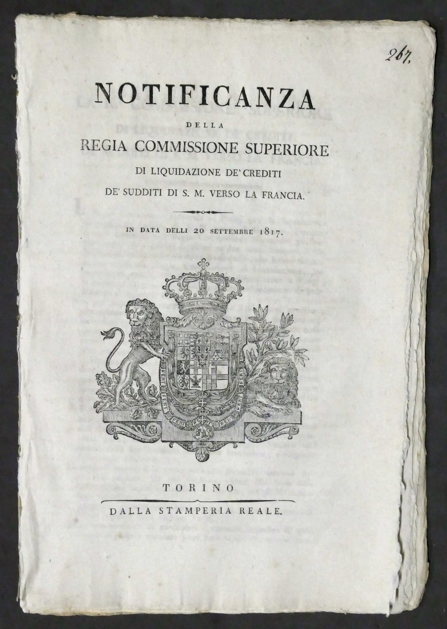 Notificanza Commissione Liquidazione crediti sudditi S.M. verso la Francia 1817