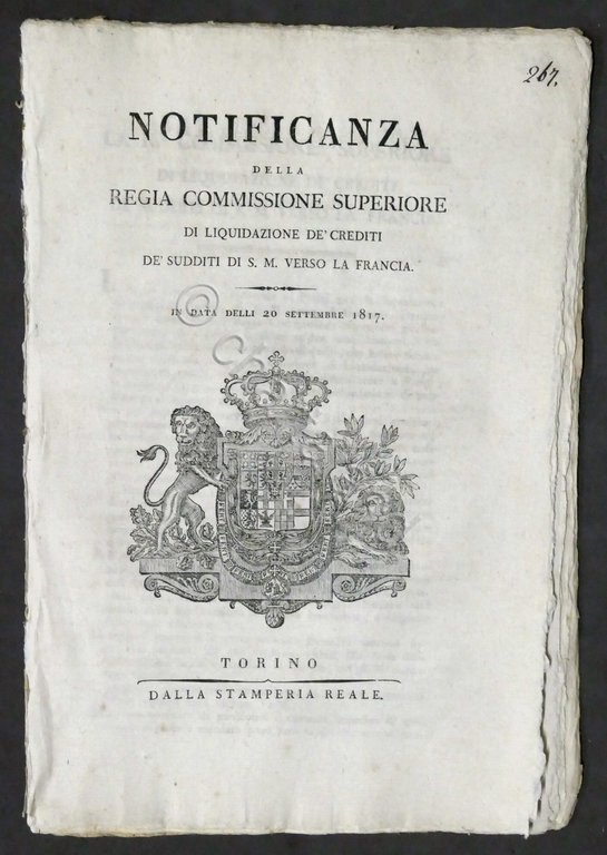 Notificanza Commissione Liquidazione crediti sudditi S.M. verso la Francia 1817