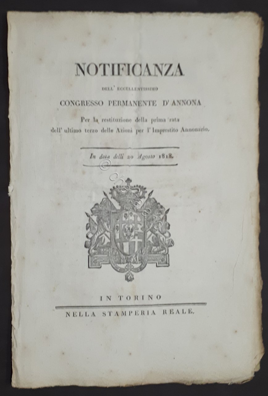 Notificanza Congresso d'Annona - Restituzione prima rata Azioni Imprestito 1818