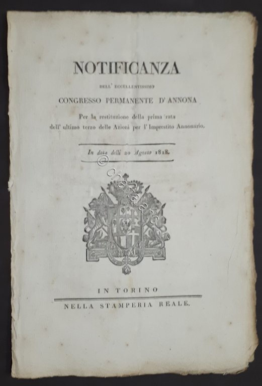 Notificanza Congresso d'Annona - Restituzione prima rata Azioni Imprestito 1818