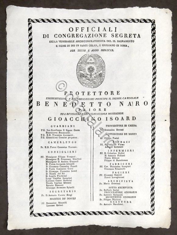 Officiali di Segreta della Archiconfraternita del SS.mo Sagramento - Anno …