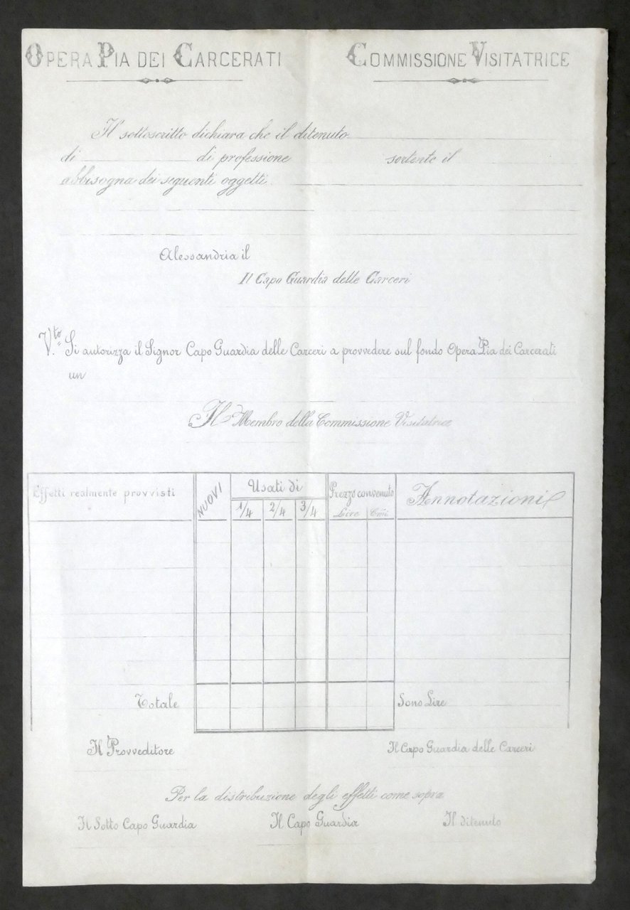 Opera Pia dei Carcerati - Alessandria - Modulo distribuzione oggetti …