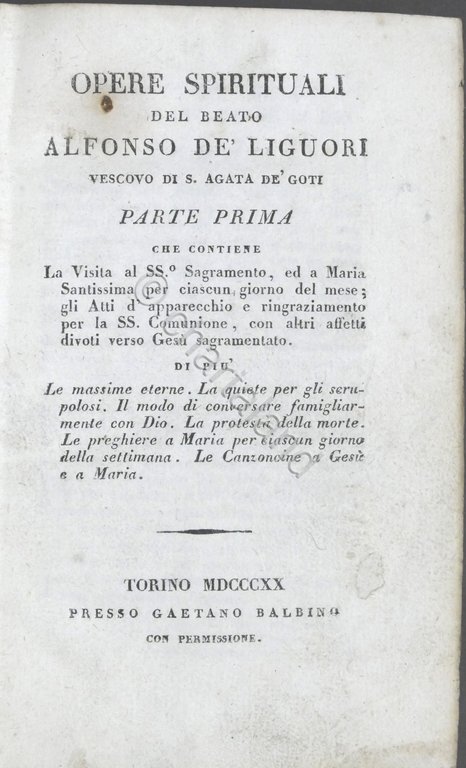 Opere spirituali del beato Alfonso de Liguori vescovo di S. Agata de' Goti 1820