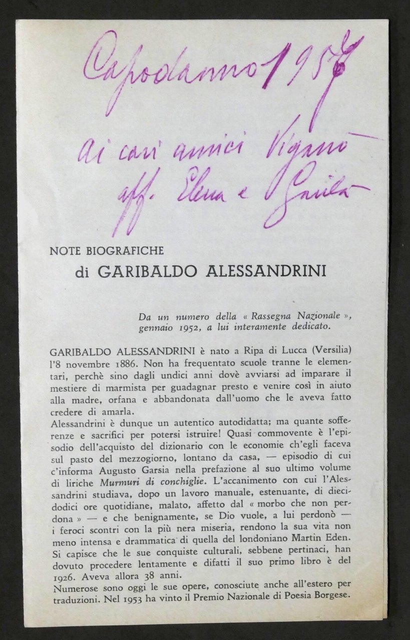 Opuscolo con autografo del poeta Garibaldo Alessandrini - 1957