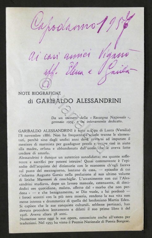 Opuscolo con autografo del poeta Garibaldo Alessandrini - 1957