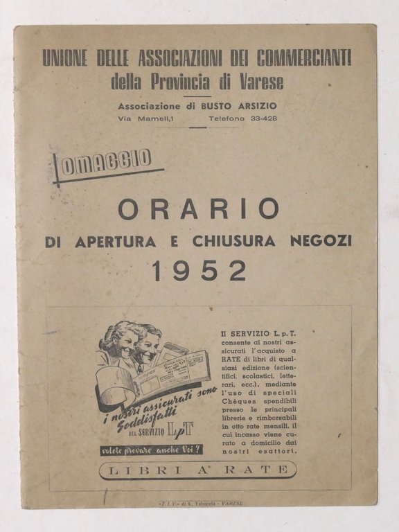 Orario di apertura e chiusura negozi per la provincia di Varese - Anno 1952