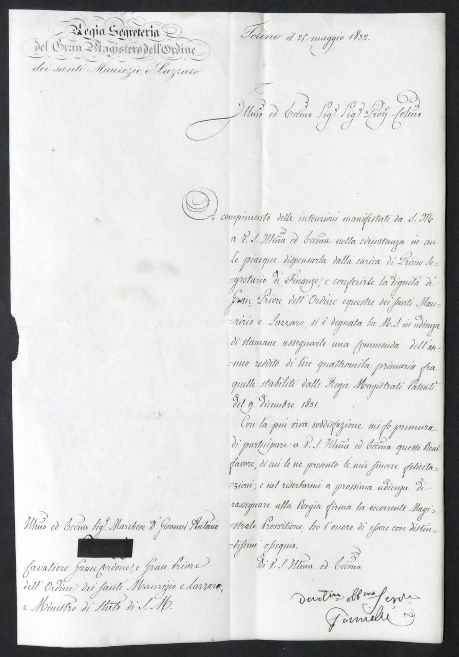Ordine Santi Maurizio e Lazzaro Autografo di Giuseppe Benedetto Tornielli … | Immagine principale