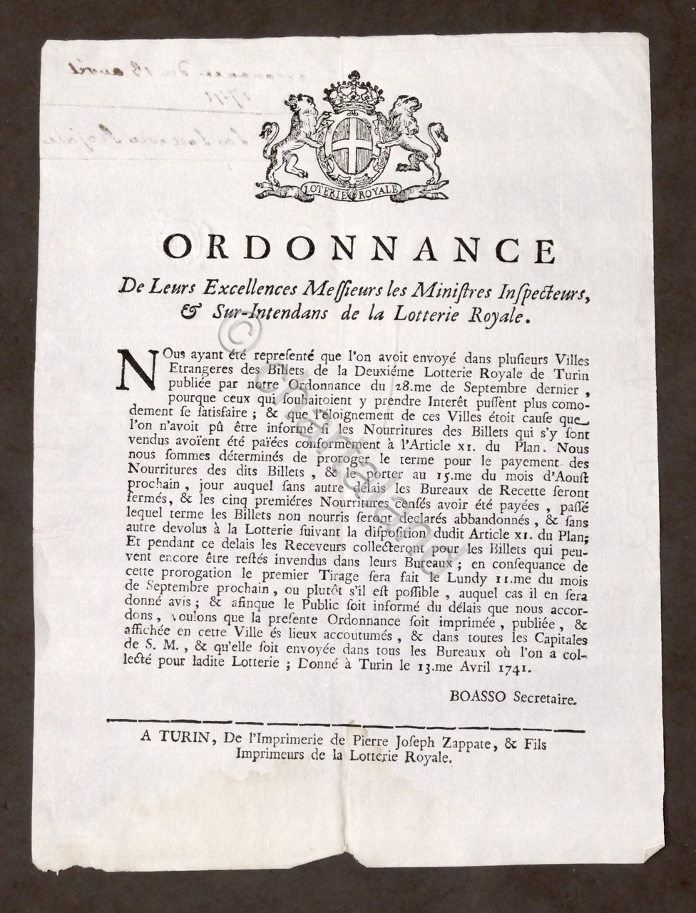 Ordonnance Ministres Inspecteurs Sur-Intendans de la Lotterie Royale Torino 1741