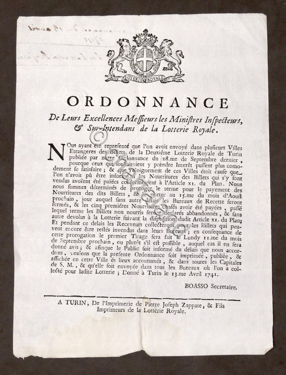 Ordonnance Ministres Inspecteurs Sur-Intendans de la Lotterie Royale Torino 1741