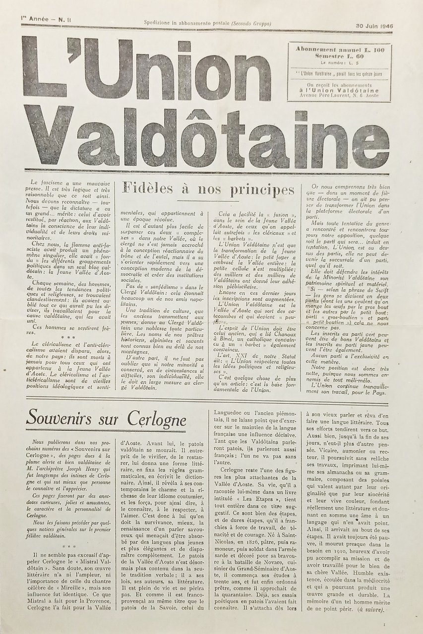 Organe de L'Union Valdôtaine N. 11 - Année I - … | Immagine principale