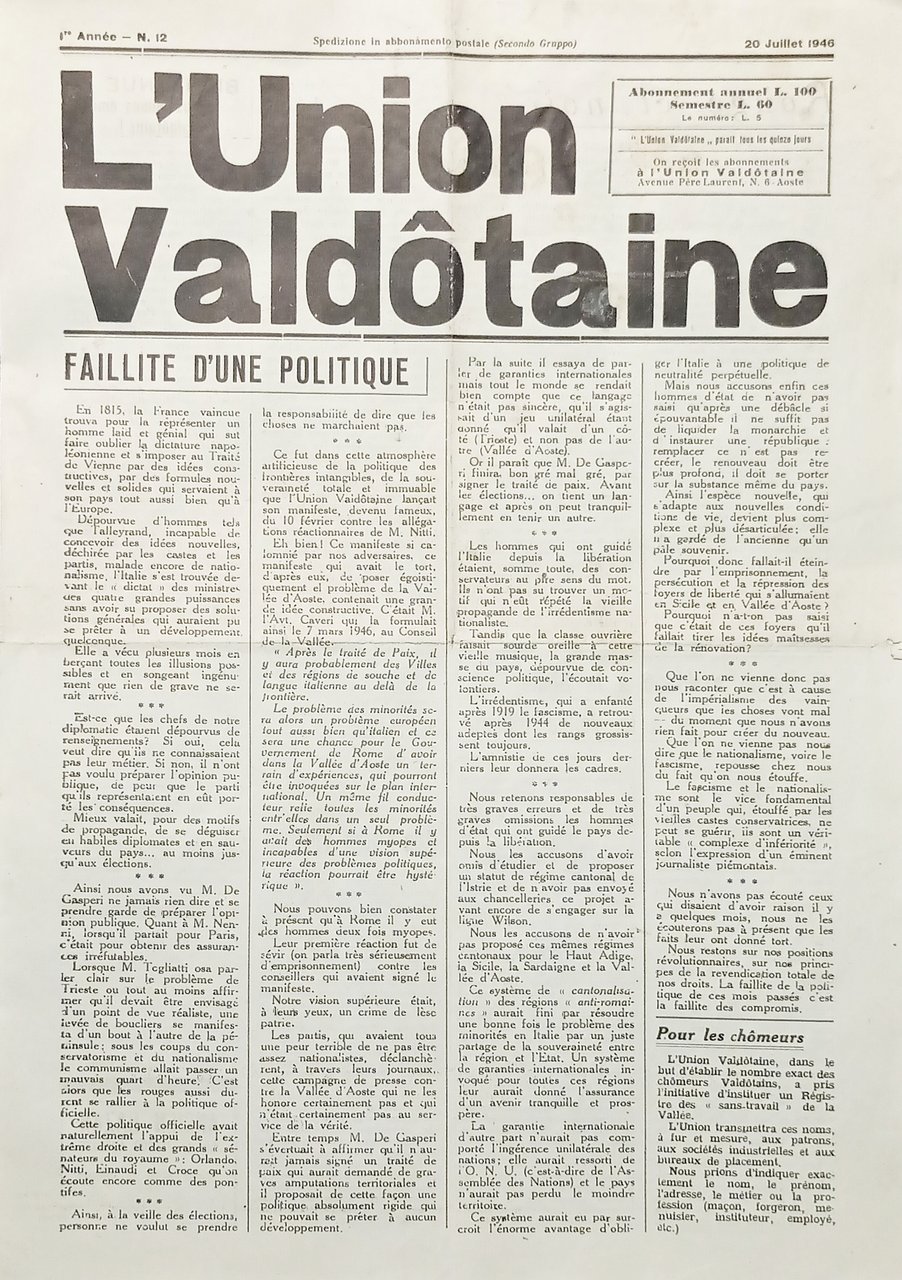 Organe de L'Union Valdôtaine N. 12 - Année I - … | Immagine principale