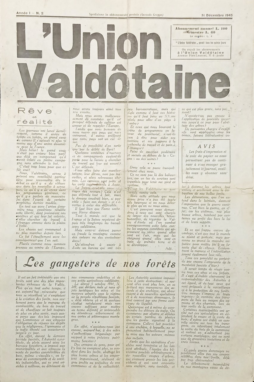 Organe de L'Union Valdôtaine N. 2 - Année I - … | Immagine principale