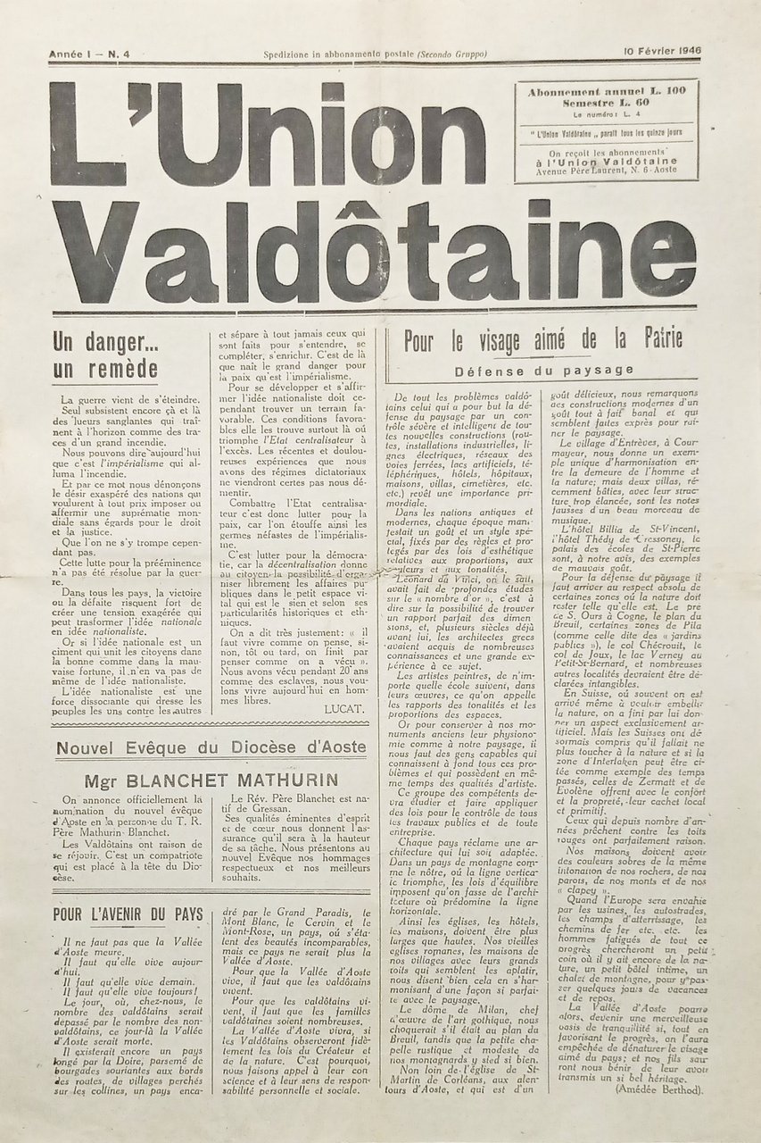Organe de L'Union Valdôtaine N. 4 Année I Pour le … | Immagine principale